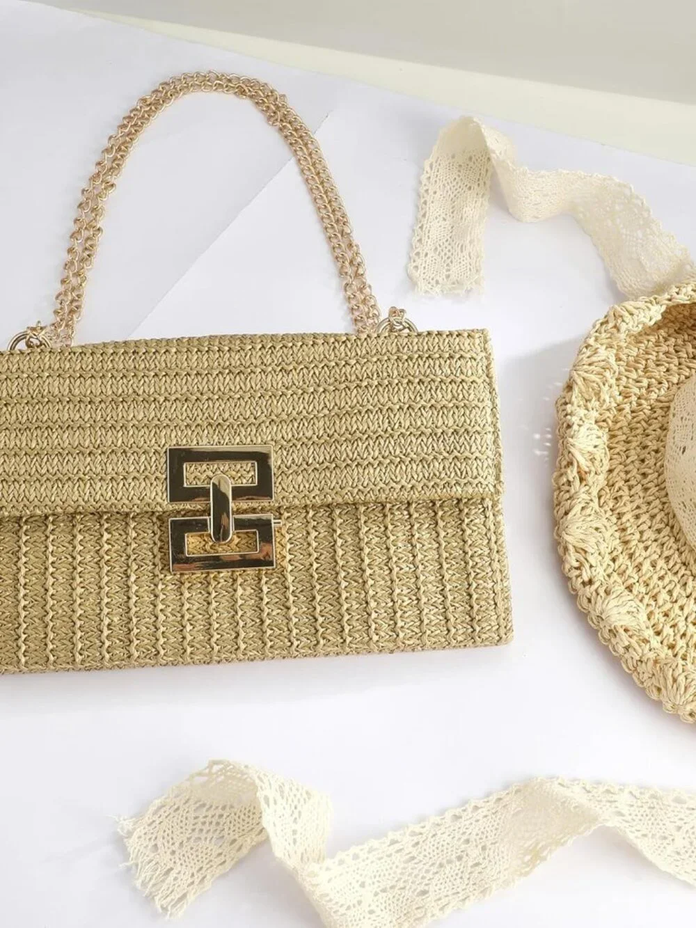 Straw Chain Clutch Purses for Women Woven Envelope Handbag for Wedding Party Coc - Picture 5 of 7